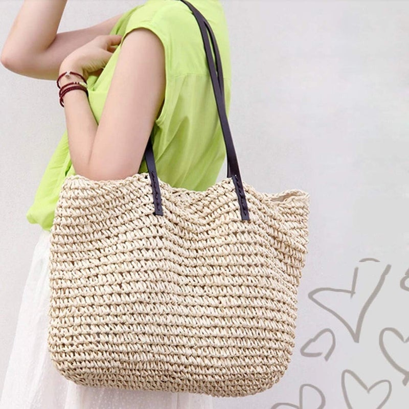 Ayliss Women Straw Woven Tote Large Beach Handmade Weaving Shoulder Bag Purse Straw Handbag (Square Beige #1) - Image 2